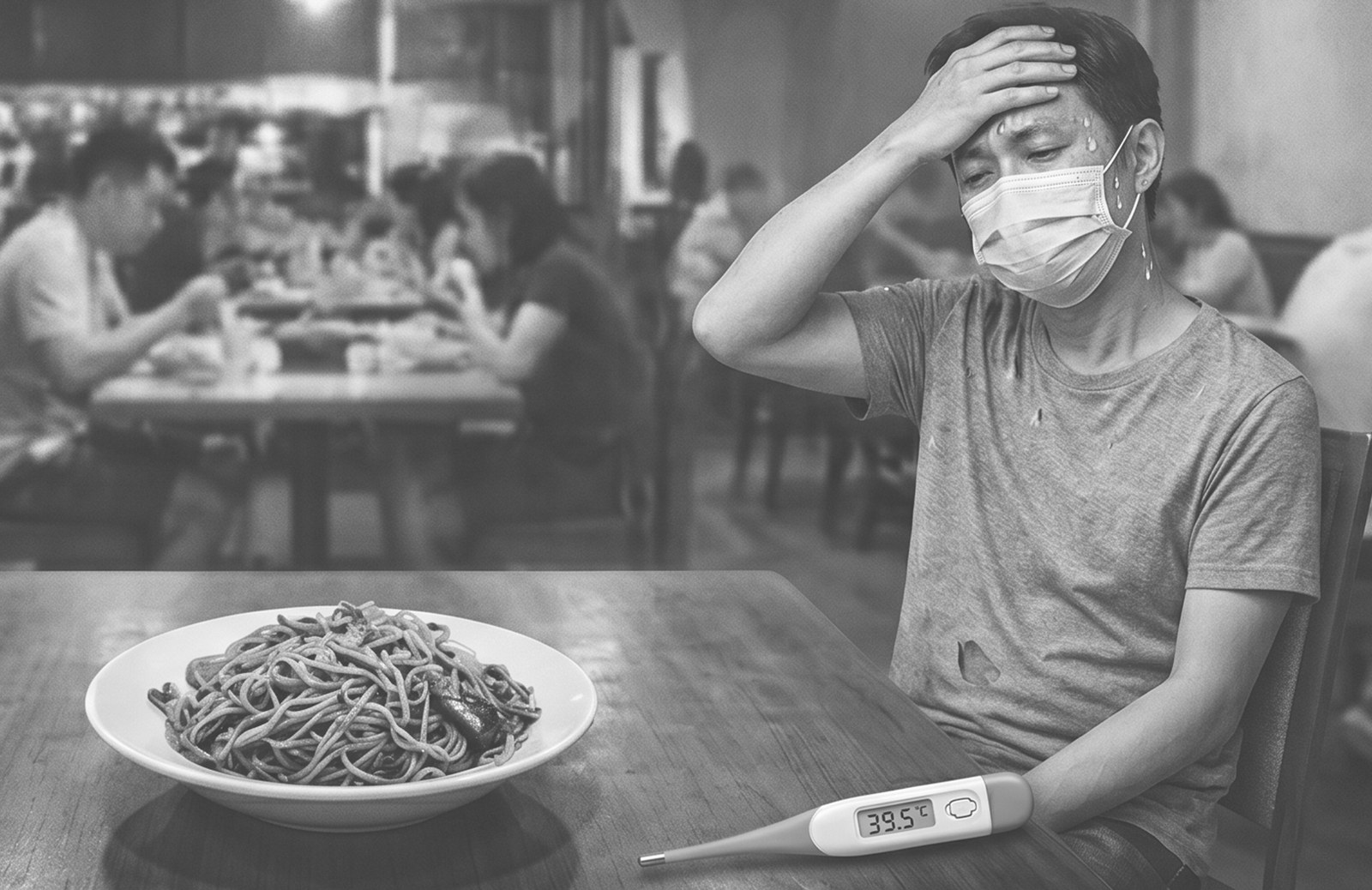 食品安全風險示意圖：用餐後發燒不適的顧客